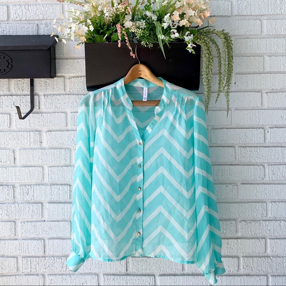 Xhilaration Tops - Xhilaration Mint Chevron Long Sleeve Sheer Blouse